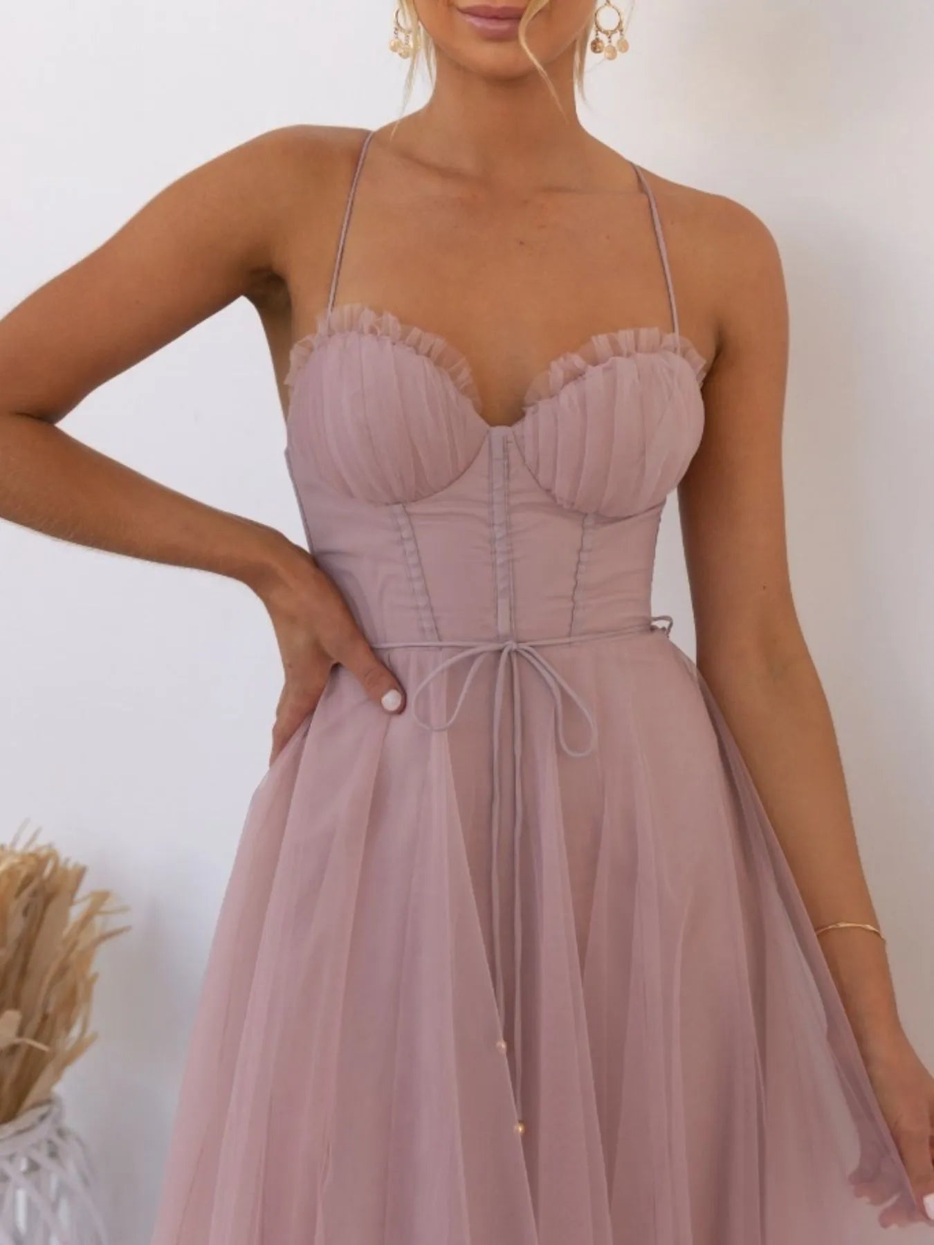 Sweetheart Neck Tulle Midi Dress - -