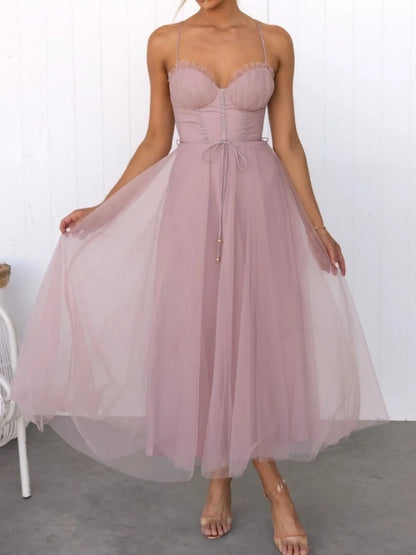 Sweetheart Neck Tulle Midi Dress - -