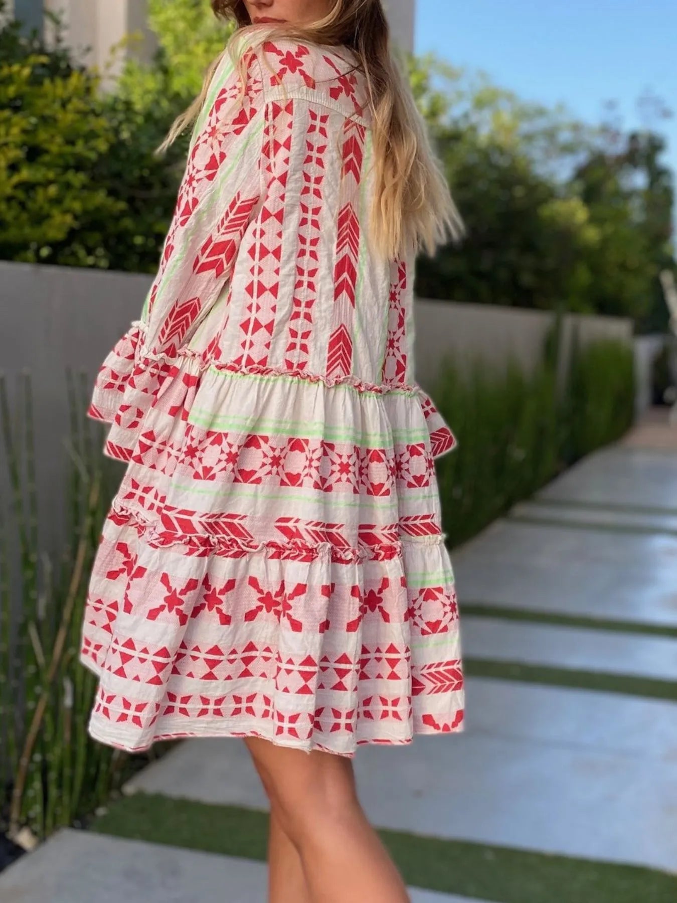 Printed Tiered Babydoll Dress - -
