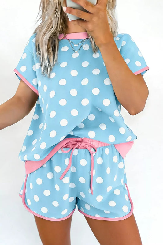 White Polka Dot Contrast Trim Top and Drawstring Shorts Set - Pastel Blue - Short Sets