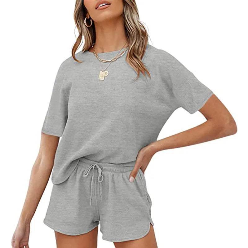 Loungewear Sets Waffle Solid Two Piece Casual Home Wear Shorts Sets T Shirt