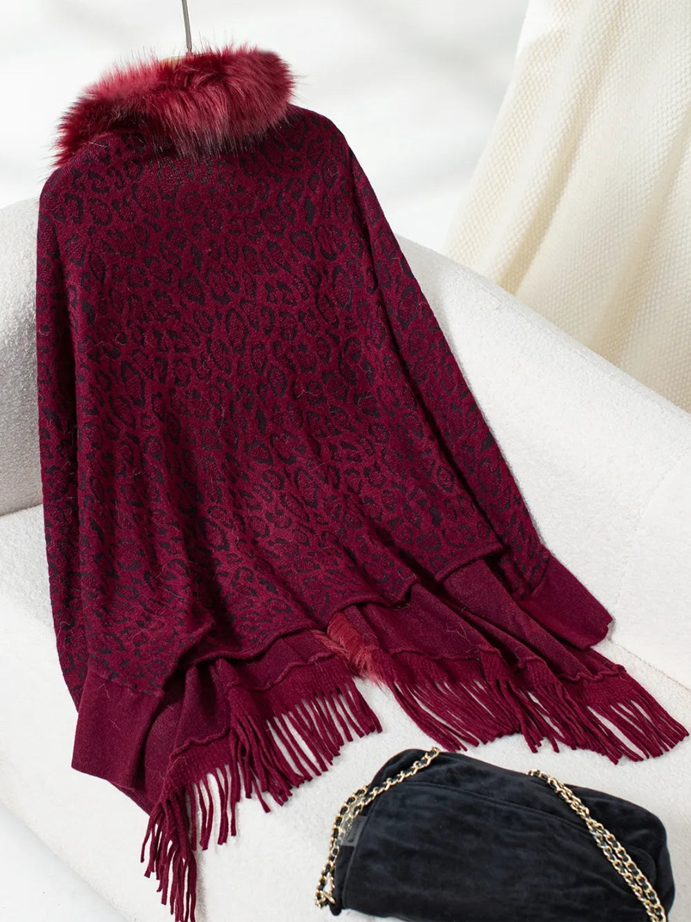 Fringe Leopard Open Front Long Sleeve Poncho - -