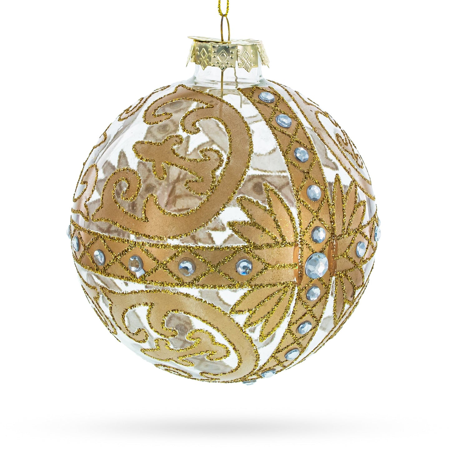 Gold Scroll with Jewel Accents Glass Ball Christmas Ornament - - Christmas Ornaments > Glamour