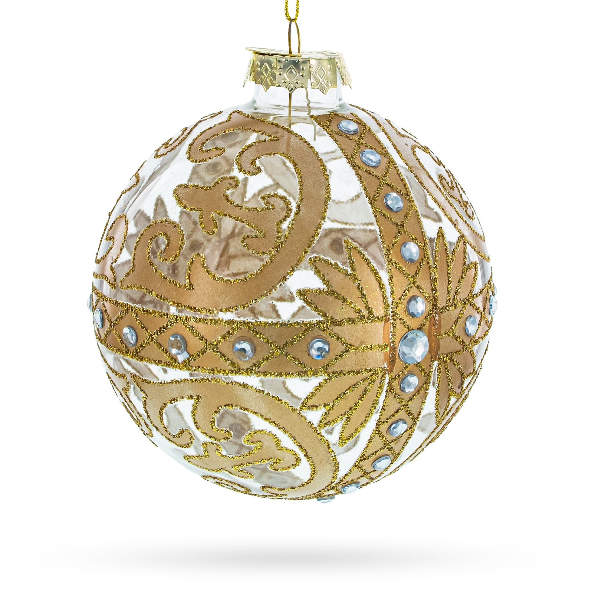 Gold Scroll with Jewel Accents Glass Ball Christmas Ornament - - Christmas Ornaments > Glamour
