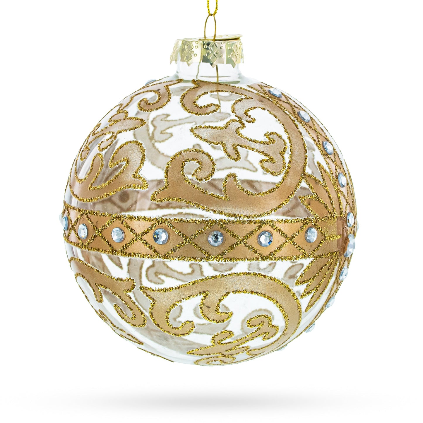 Gold Scroll with Jewel Accents Glass Ball Christmas Ornament - - Christmas Ornaments > Glamour
