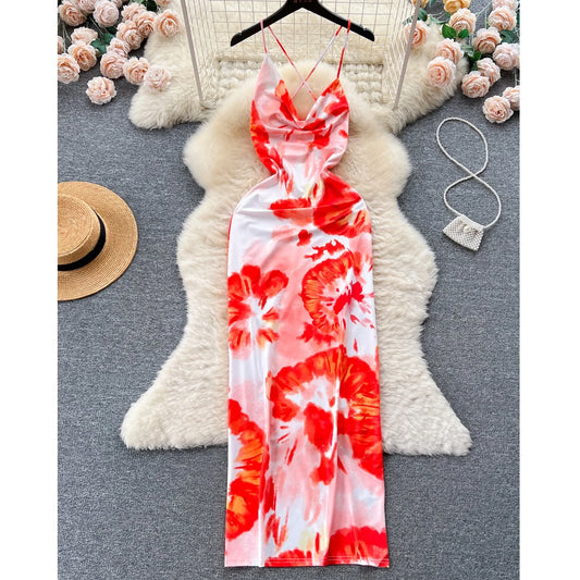 Printed Halter Swing Neck Dresses Women Hollow Out Backless Dresses