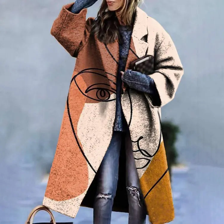 Winter Long Sleeve Lapel Jacket Printed Wool Long Winter Cashmere Coats