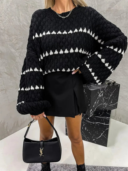 Contrast Round Neck Long Sleeve Sweater - Black -