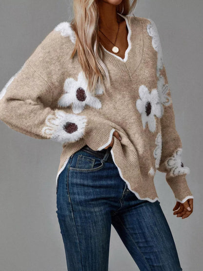 Floral V-Neck Long Sleeve Sweater - -