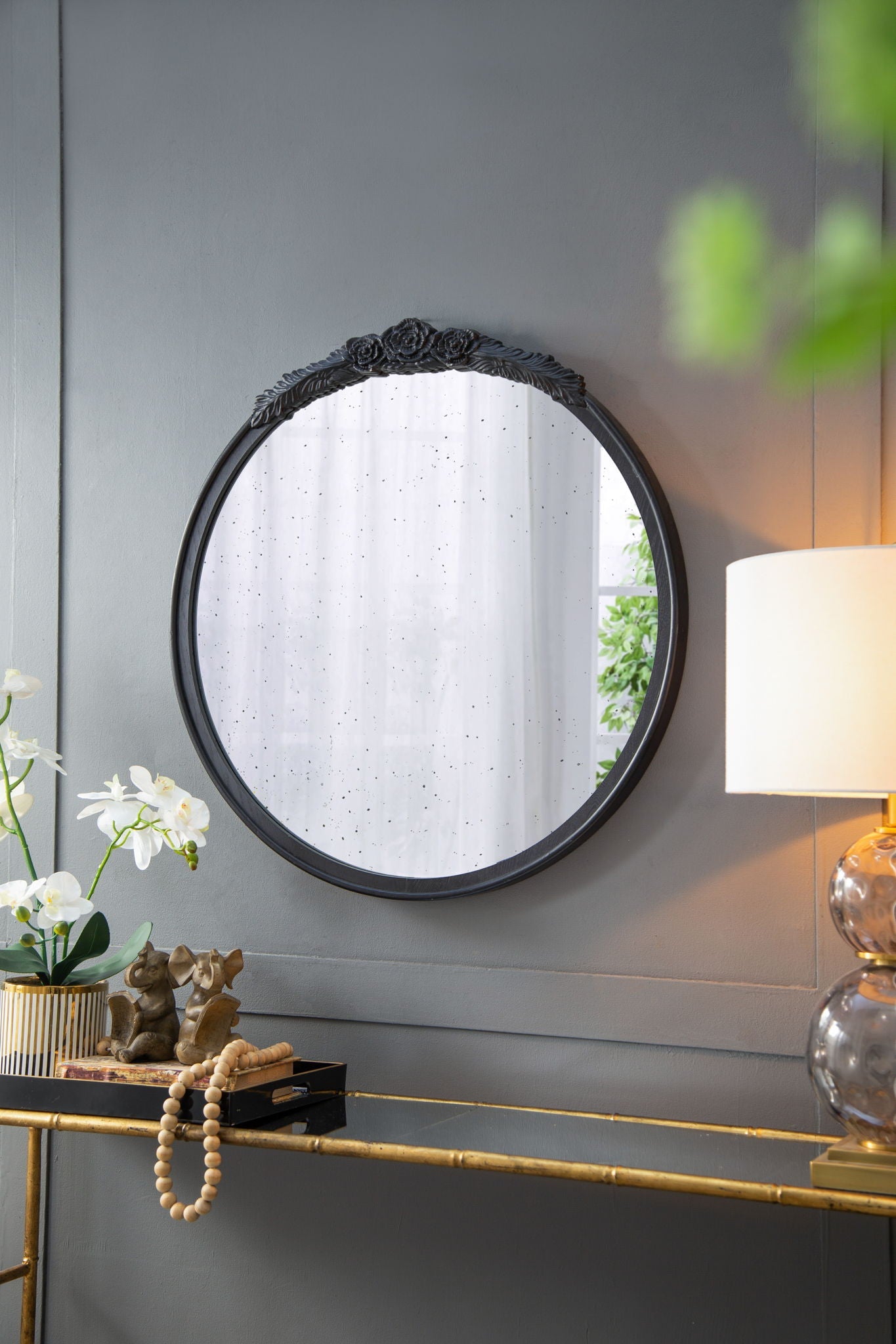 Round Hand Carved Rose Antique Mirror Frame, Wall Mirror For Live Space - Black - Wall Mirrors