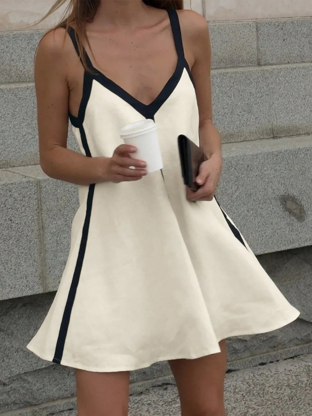 Contrast Trim V-Neck Mini Cami Dress - Tan -