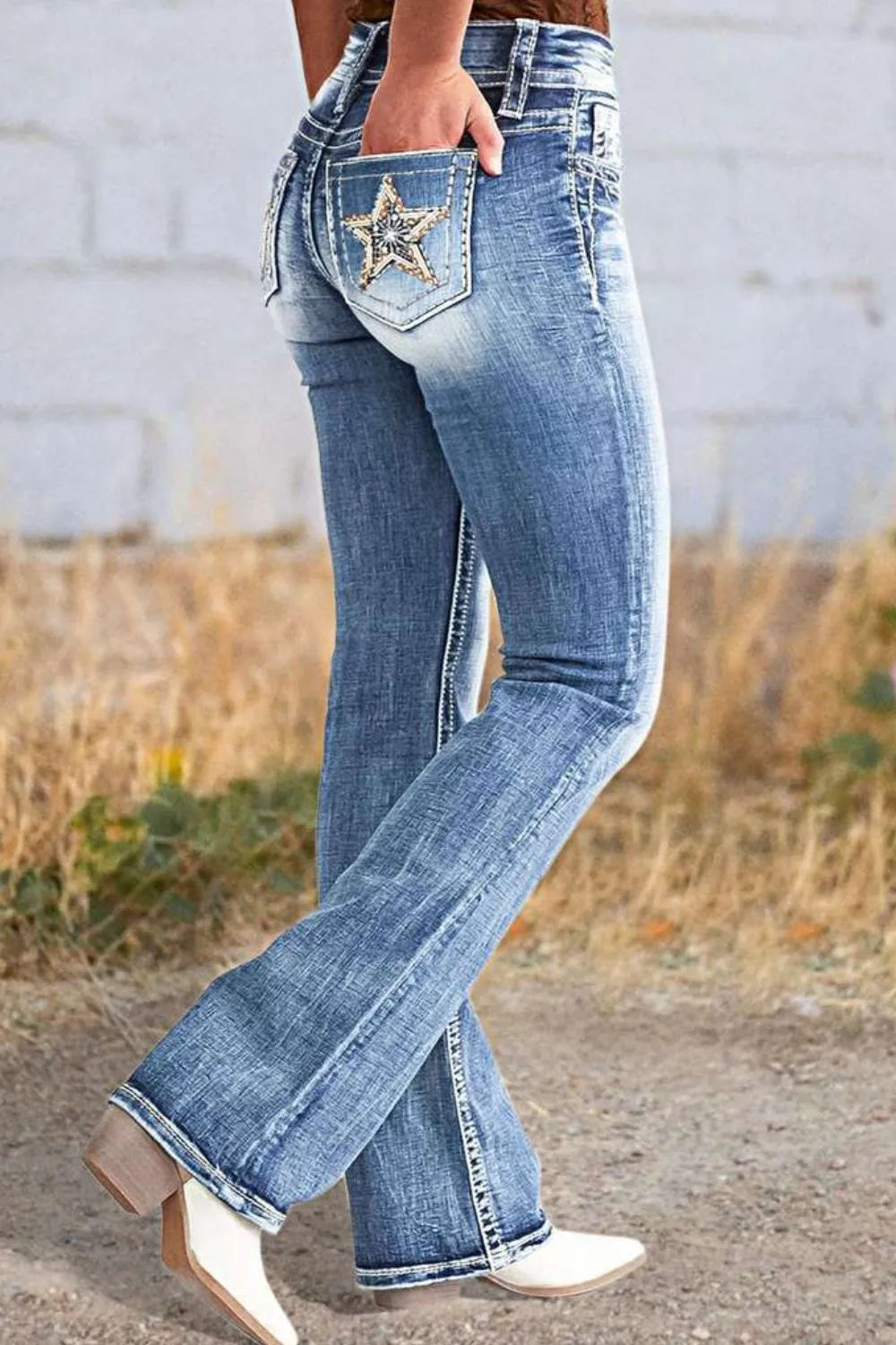 Star Embroidered Bootcut Jeans - -