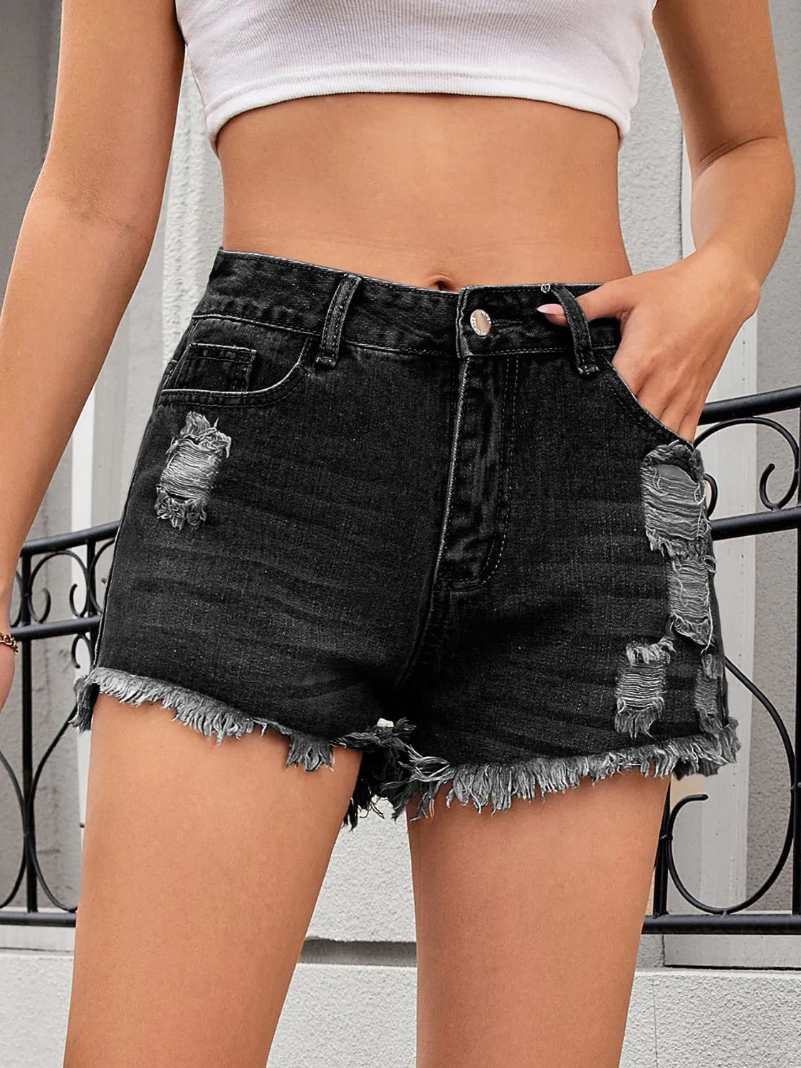 Distressed Raw Hem Denim Shorts - Black -