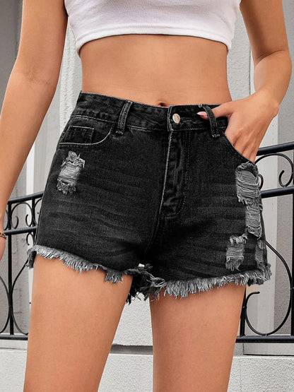 Distressed Raw Hem Denim Shorts - Black -