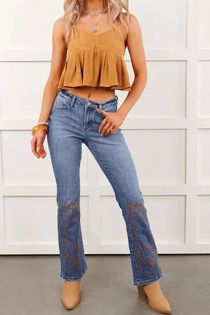 Embroidered Flare Leg Jeans - Medium -