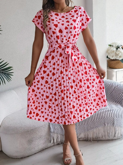 Heart Print Short Sleeve Tie Waist Dress - -
