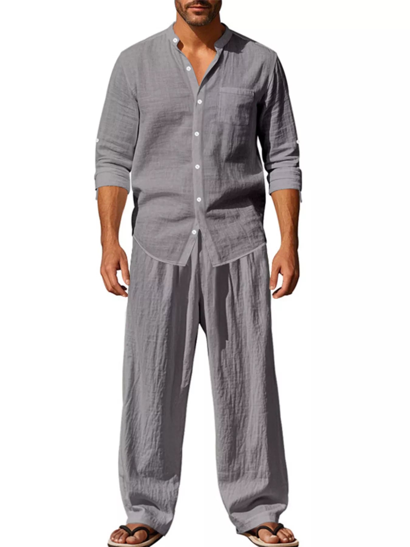 Men's Full Size Button Up Long Sleeve Shirt and Pants Plus Size - Grey -