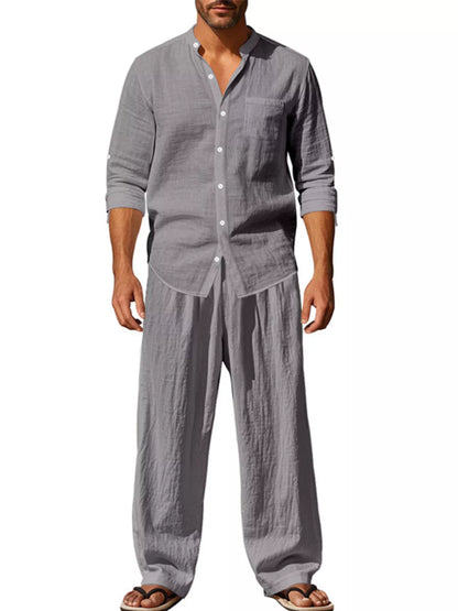 Men's Full Size Button Up Long Sleeve Shirt and Pants Plus Size - Grey -