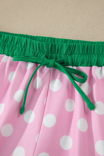 Pink Polka Dot Contrast Edge Casual Short Set - - Two Piece Sets/Short Sets