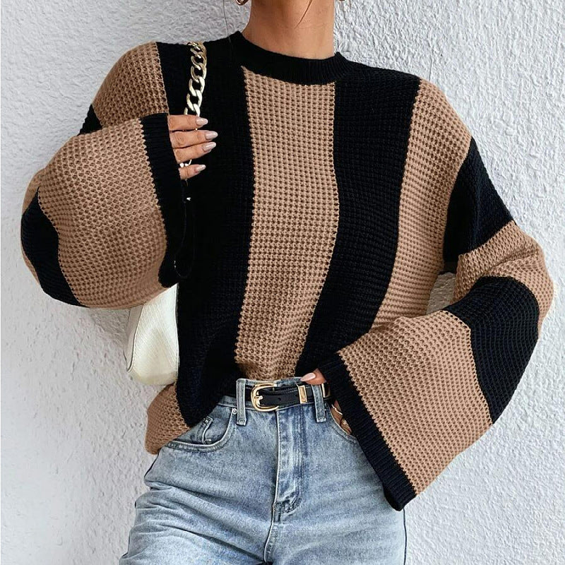 Oversize Knitted Casual Color Blocking Design Women Knitted Pullover Sweater