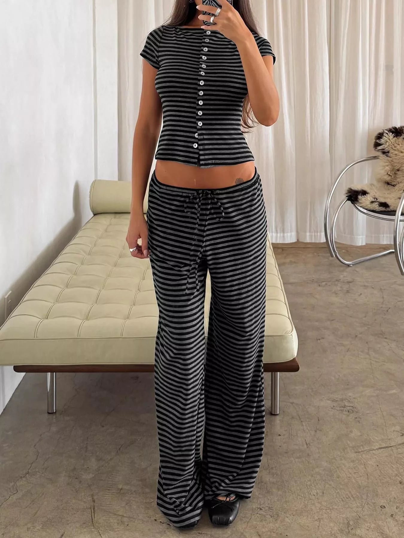 Striped Button-Down Top and Wide-Leg Pants Set- Shopimist- {{Product type}}
