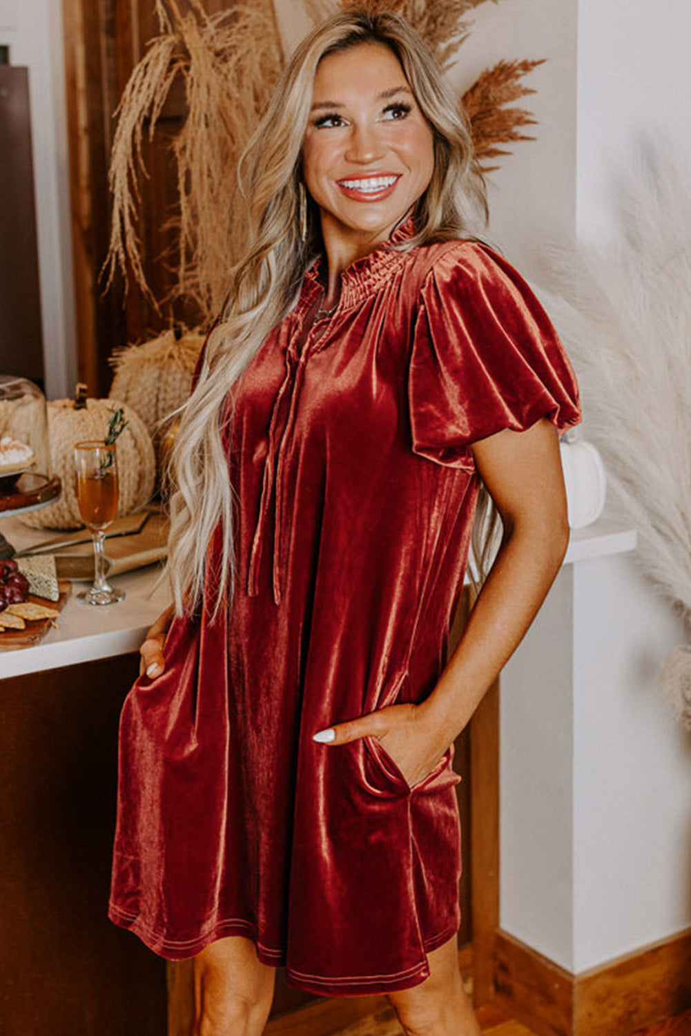 Cinnamon Velvet Smocked Neckline Puff Sleeve Shift Mini Dress - - Dresses/Mini Dresses