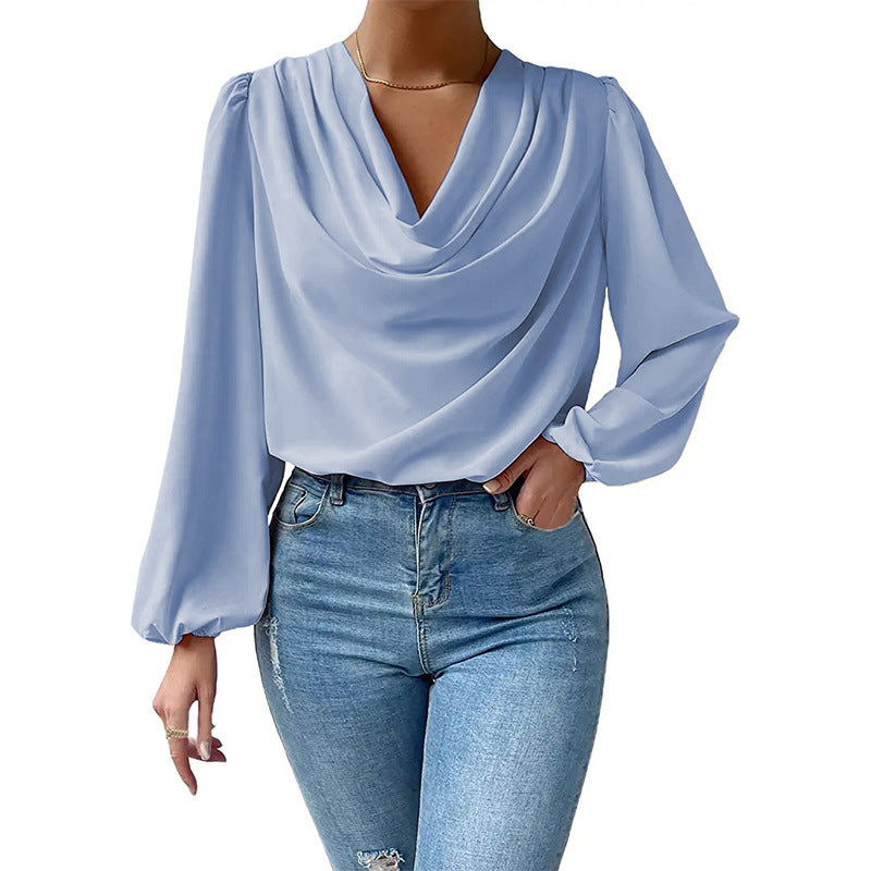 Chiffon Long Sleeve Shirt Loose v -Neck Top