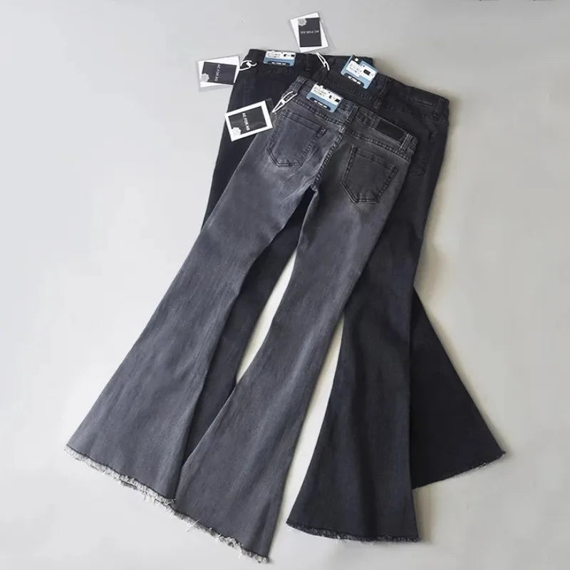 5 Color Mid Waist Flare Pants Women Retro Denim Jeans