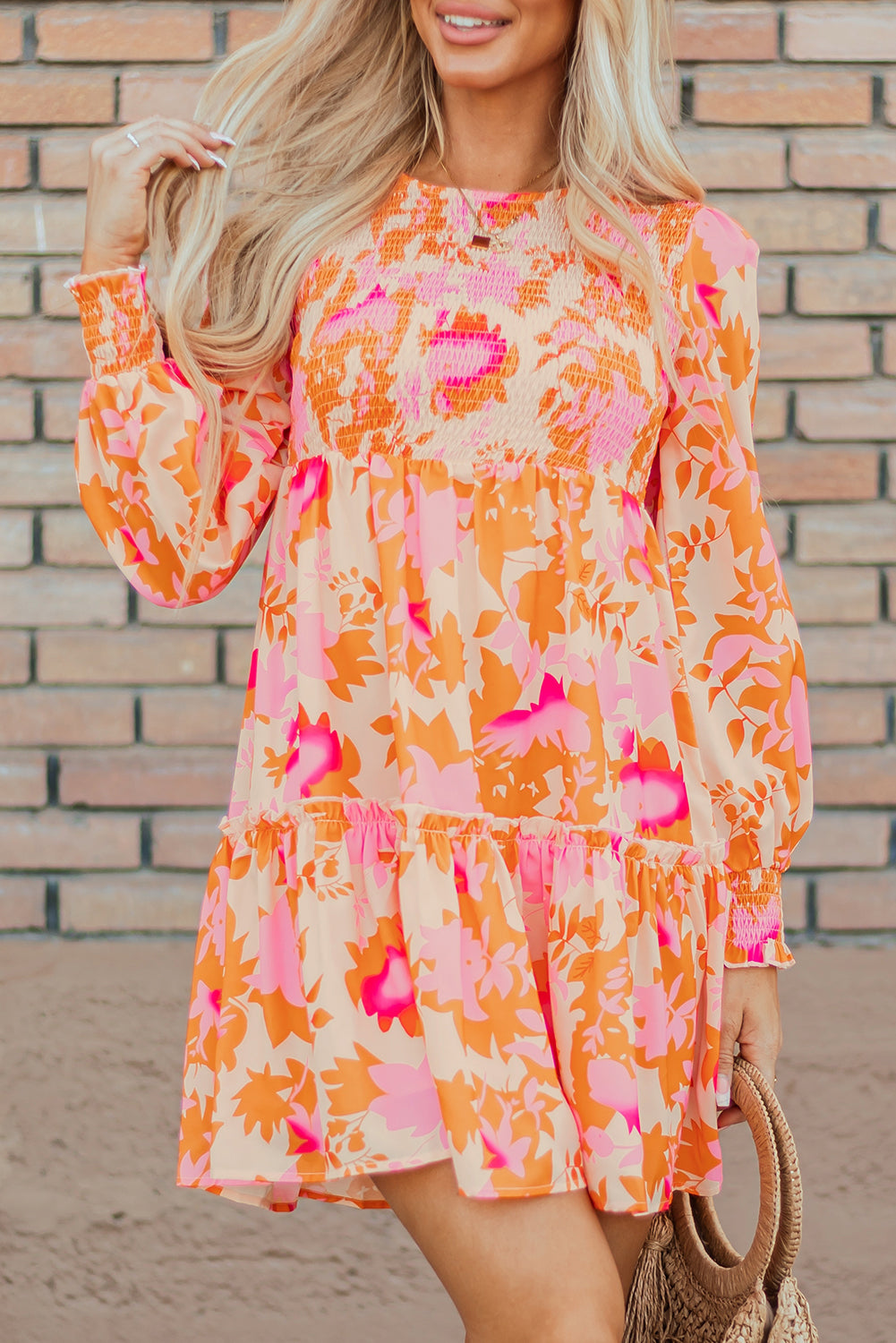 Orange Abstract Print Smocked Lantern Sleeve Ruffle Mini Dress - - Dresses/Mini Dresses