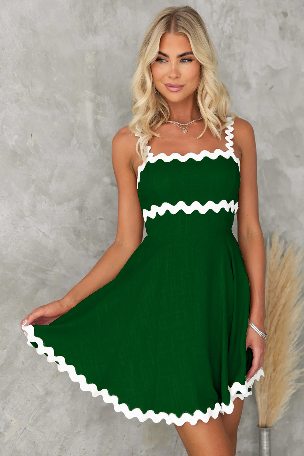 Contrast Trim Square Neck Mini Dress - Dark Green - Clothing & Fashion