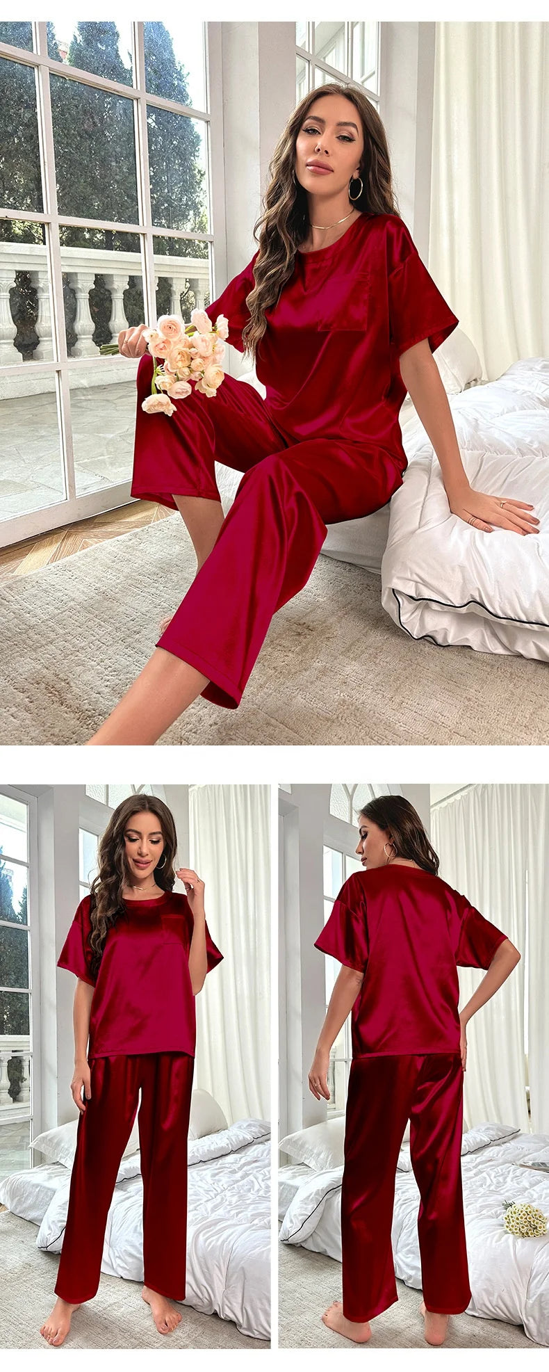 Satin Pajamas Set for Women 2Pcs Women Short Sleeve Shirt Long Pant With Pocket