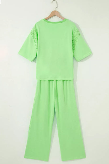 Lace Patchwork Half Sleeve Top Elastic Waist Pants Two Piece Set- Shopimist- {{Product type}}