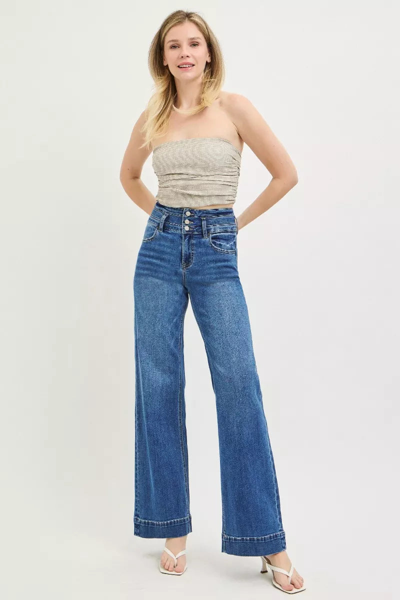 RISEN High Rise Wide Leg Wide Band Detail Jeans - - jeans