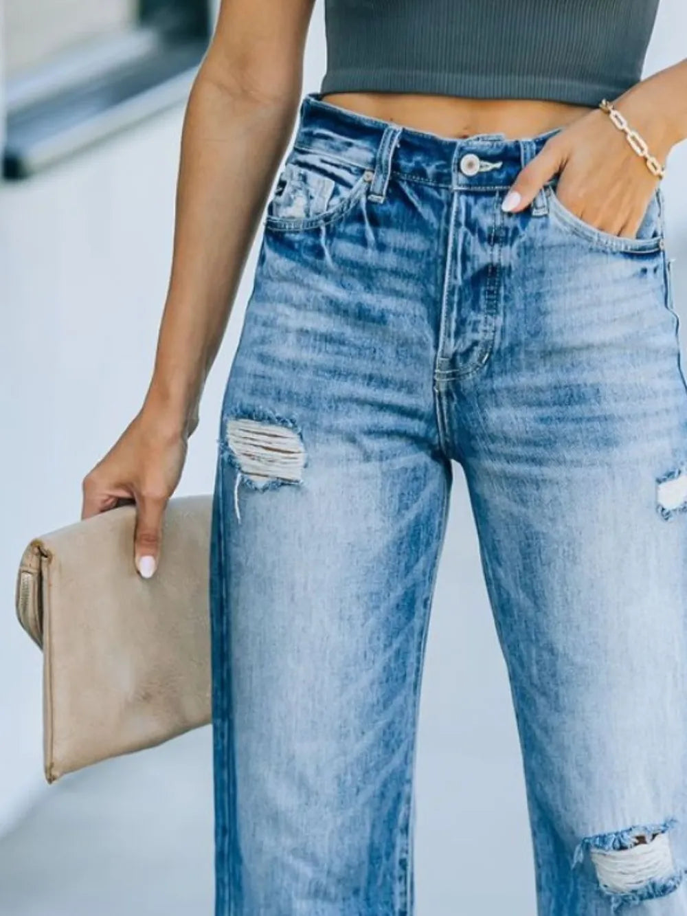 Distressed Straight Leg Jeans - -