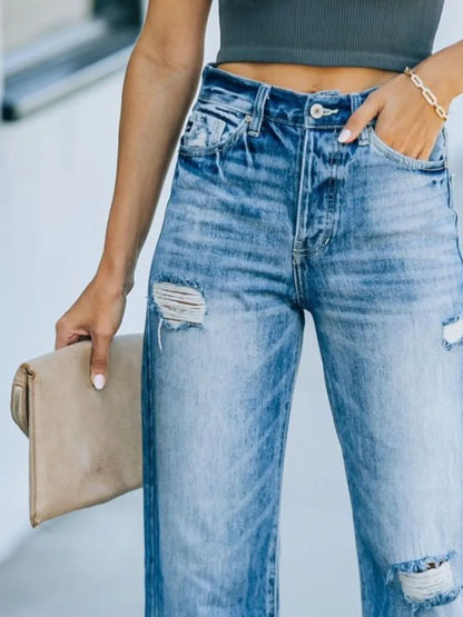 Distressed Straight Leg Jeans - -
