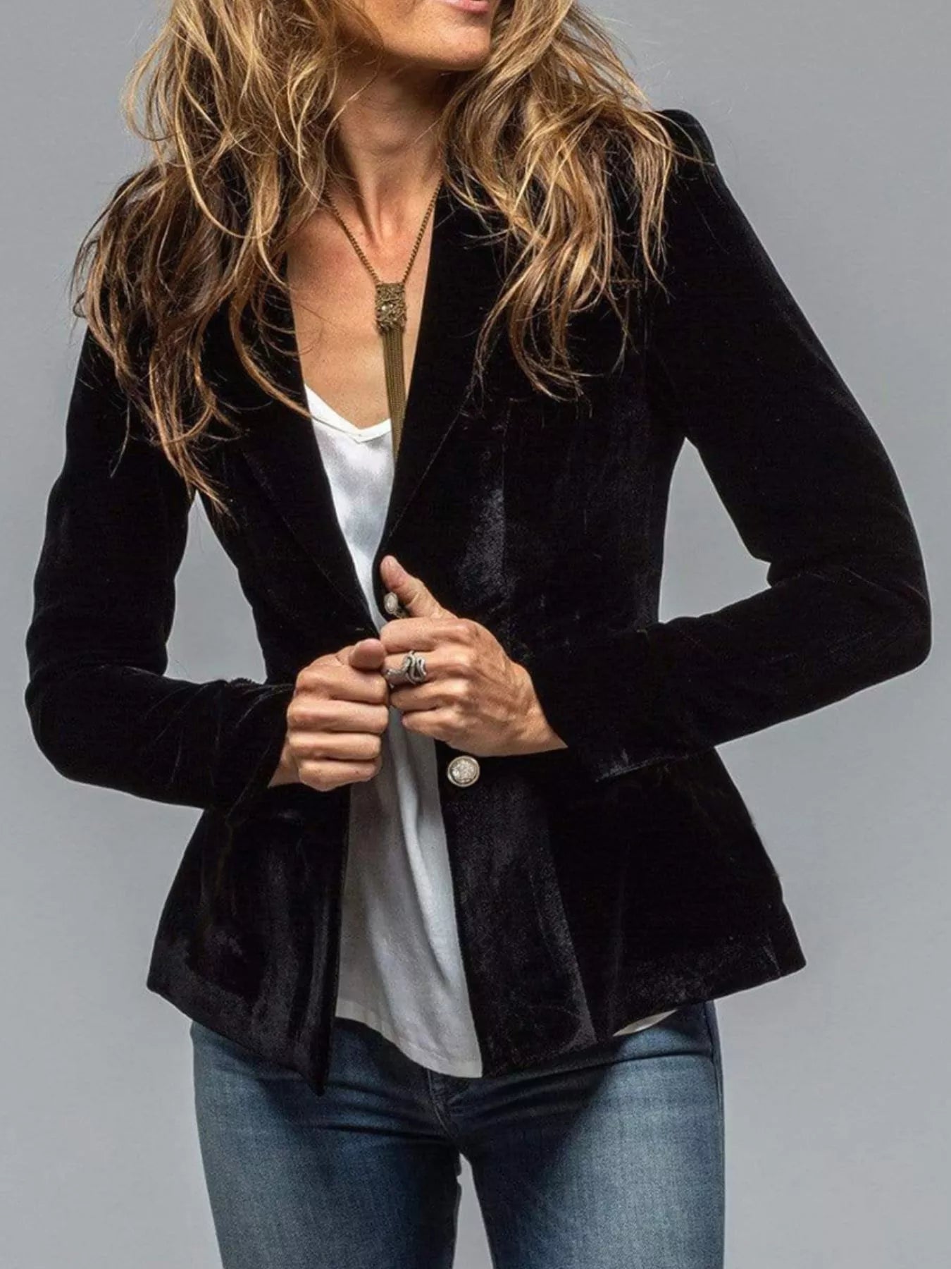 Velvet Lapel Collar Button Up Blazer - Black -