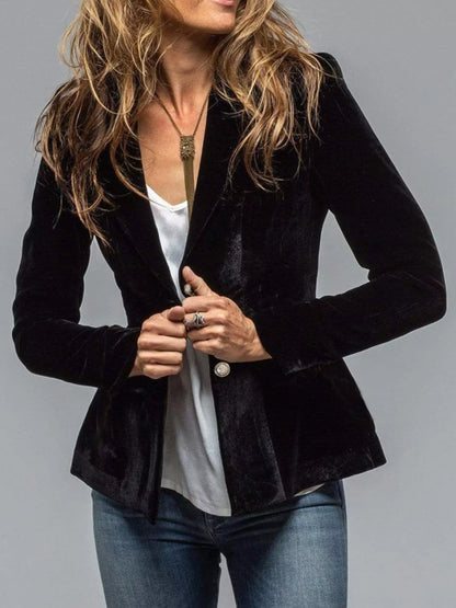 Velvet Lapel Collar Button Up Blazer - Black -