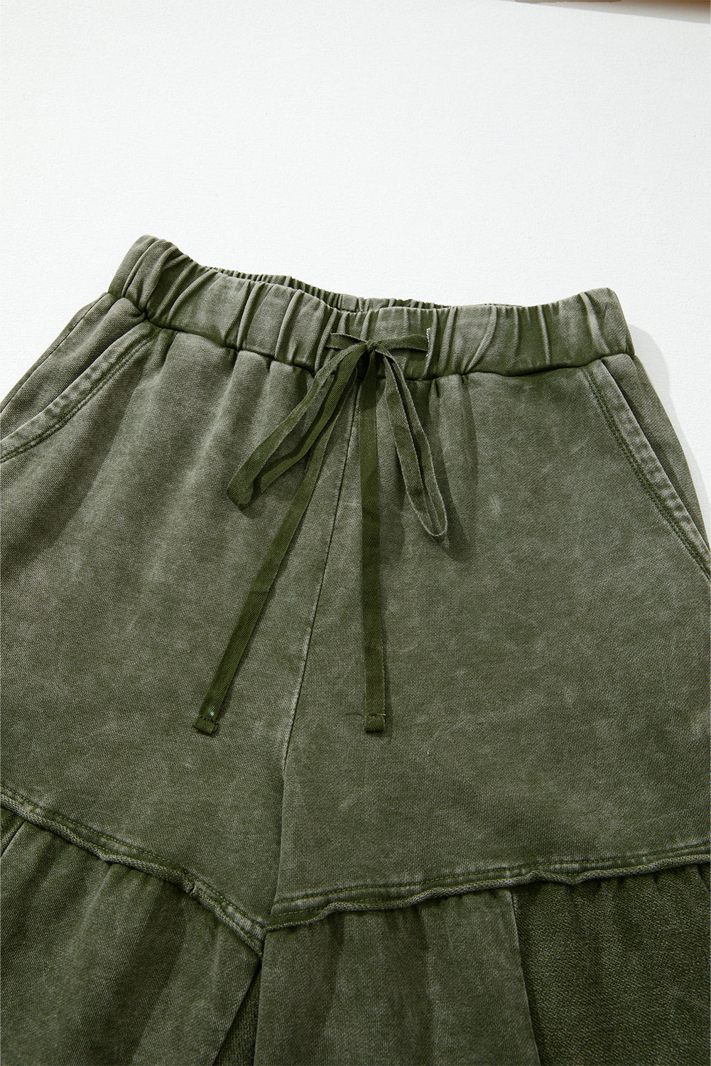 Vineyard Green Mineral Wash Tiered Wide Leg Patchwork Drawstring Pants - - Bottoms/Pants & Culotte