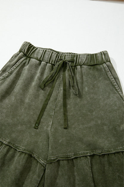 Vineyard Green Mineral Wash Tiered Wide Leg Patchwork Drawstring Pants - - Bottoms/Pants & Culotte