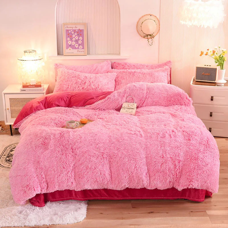 Rainbow Color Velvet Fluffy Plush Soft Bedding Bed Warm for Girl Sheet Set 4