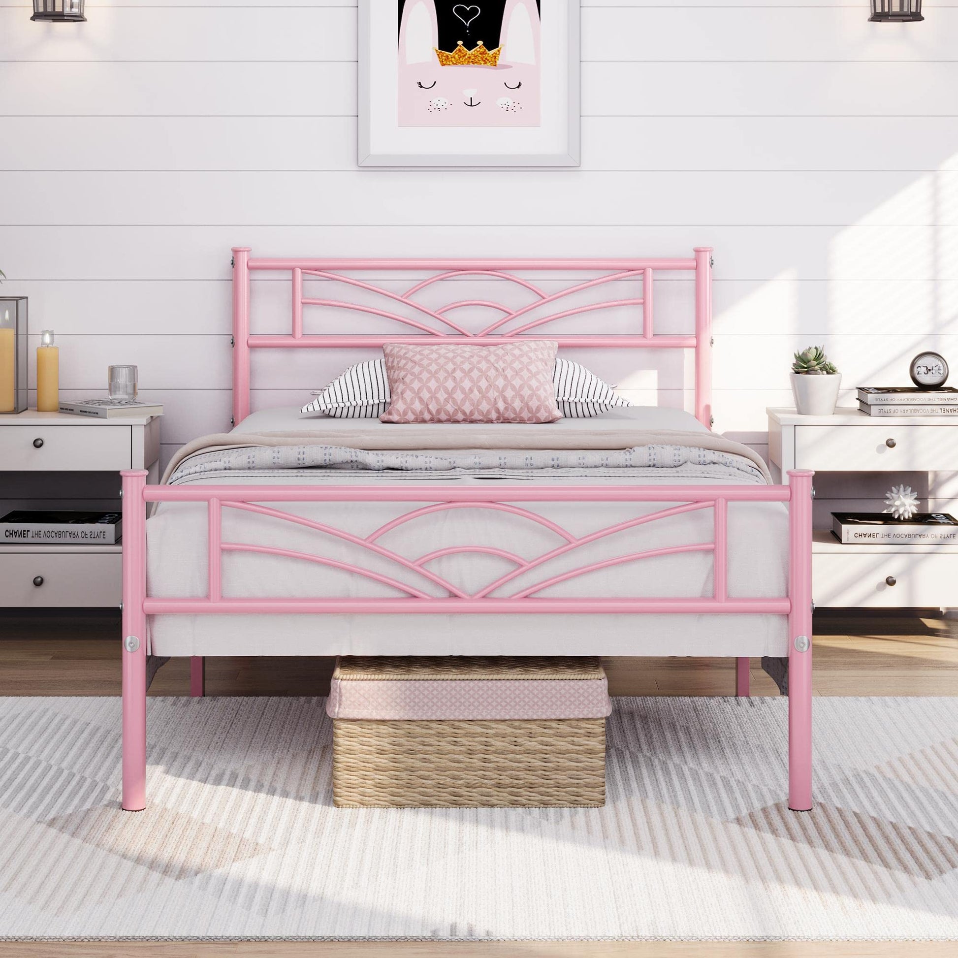 Yaheetech Pink Twin Size Metal Platform Bed Headboard Footboard - - bed frame