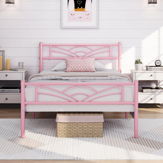 Yaheetech Twin Size Bed Frames Metal Platform Bed Mattress Foundation with Cloud-Inspired Design Headboard/Footboard/Ample Under Bed Storage/No Box Spring Needed/Pink - -
