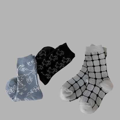 Cherry Flower Double Woven Cotton Socks blue black