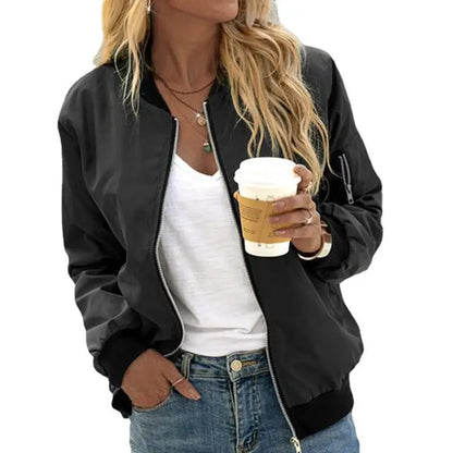 Women Fashion Bomber Jacket Streetwear Long Sleeve Coat Solid Color Outerwear