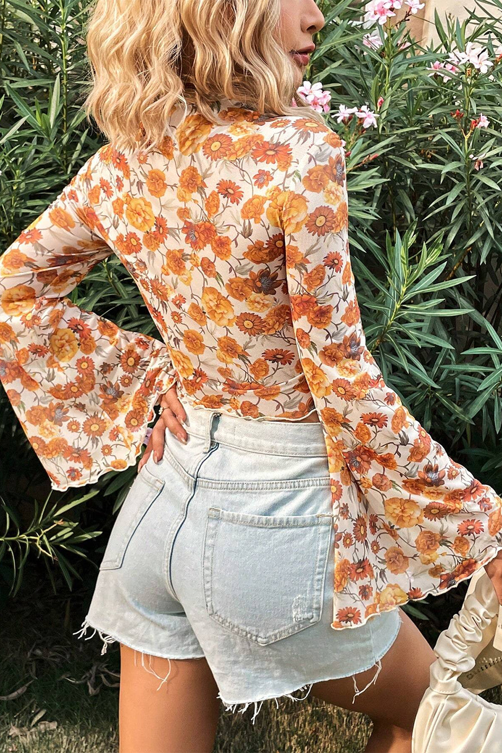 Orange Floral Printed Bell Sleeve Mock Neck Scallop Trim Blouse - - Tops/Blouses & Shirts