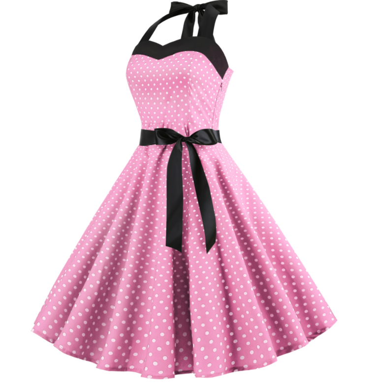 Polka Dot Strapless Vintage Dress with Flared Skirt - Pink M - dress