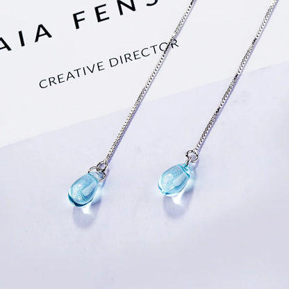 Blue Crystal Water Drop Earrings 925 Sterling Silver Long Tassel Earrings Chain