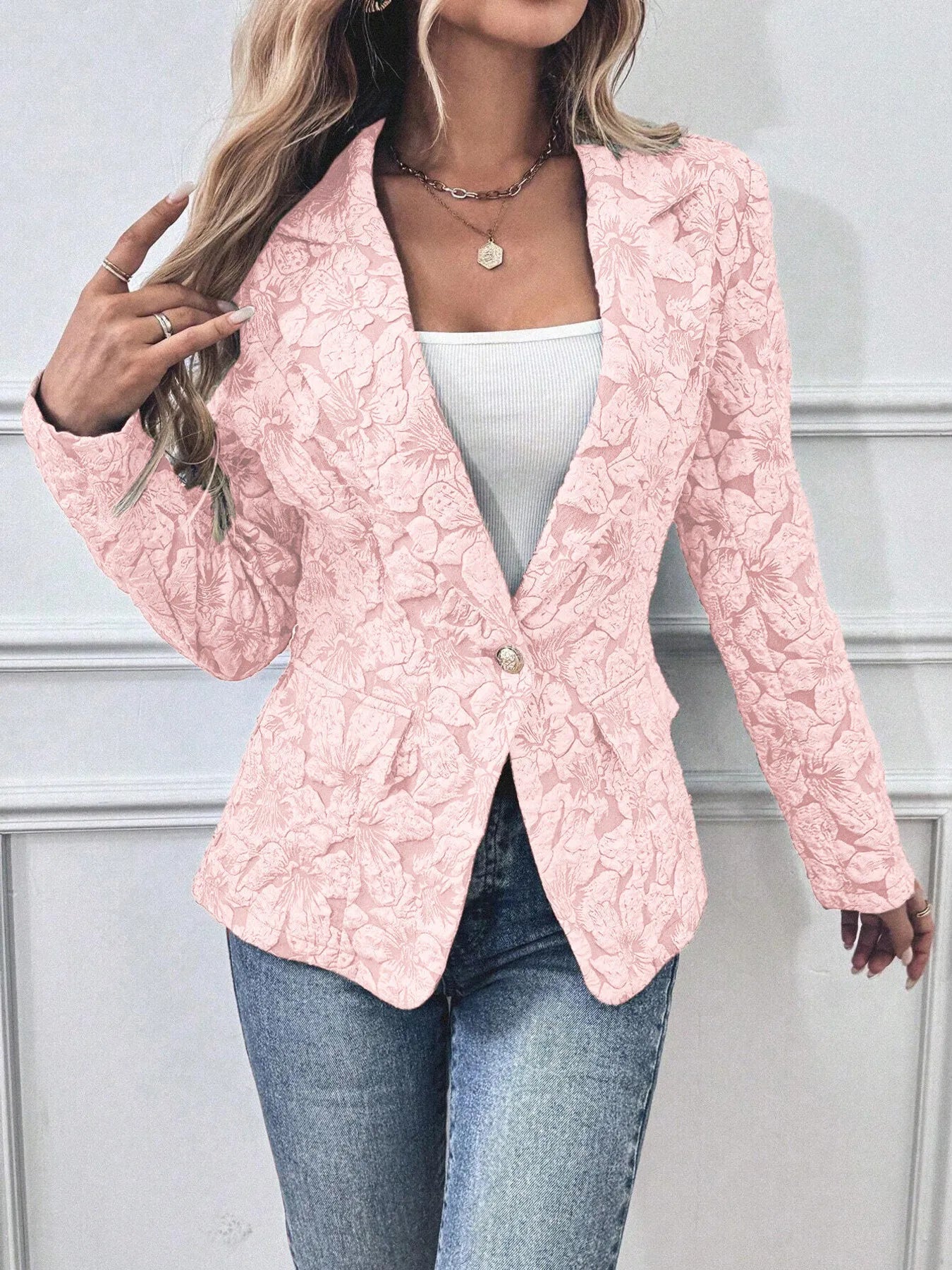 Light Pink Floral Print Single Button Blazer with Pockets - - blazer