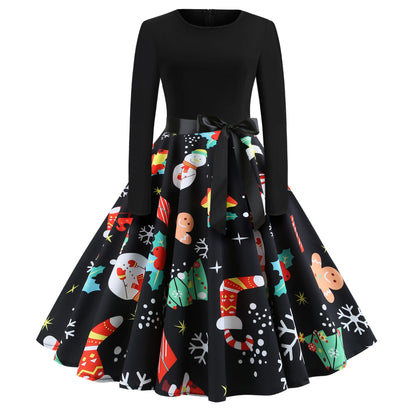 Winter Christmas Dresses Women 50S 60S Vintage Swing Dress Long Sleeve Casual