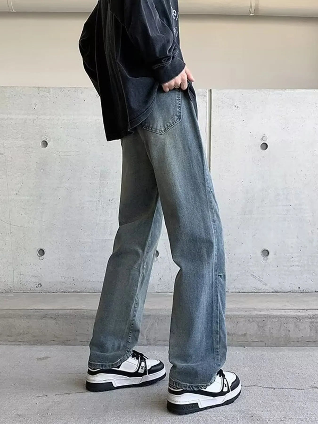 Men's Plus Size Vintage Wash Wide Leg Jeans - -